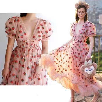 

Strawberry sequin dress 2020 new spring wisdom smoked French bellflower fairy forest first love 9147