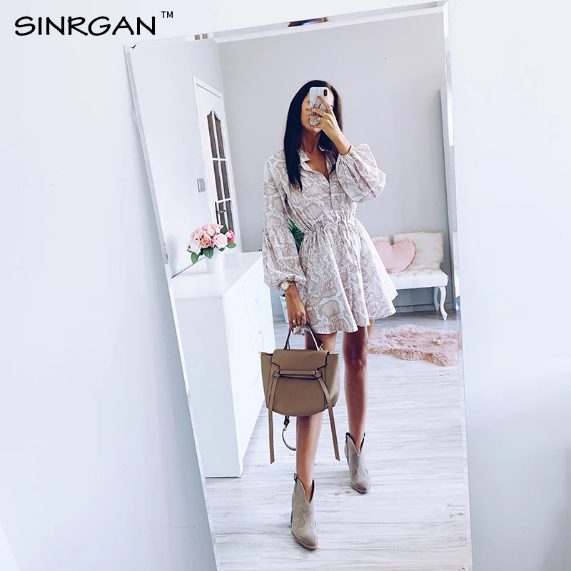 SINRGAN/женское платье со змеиным принтом, весна, повседневное ТРАПЕЦИЕВИДНОЕ ПЛАТЬЕ С животным принтом, платья для вечеринок, мини-платье с длинным рукавом