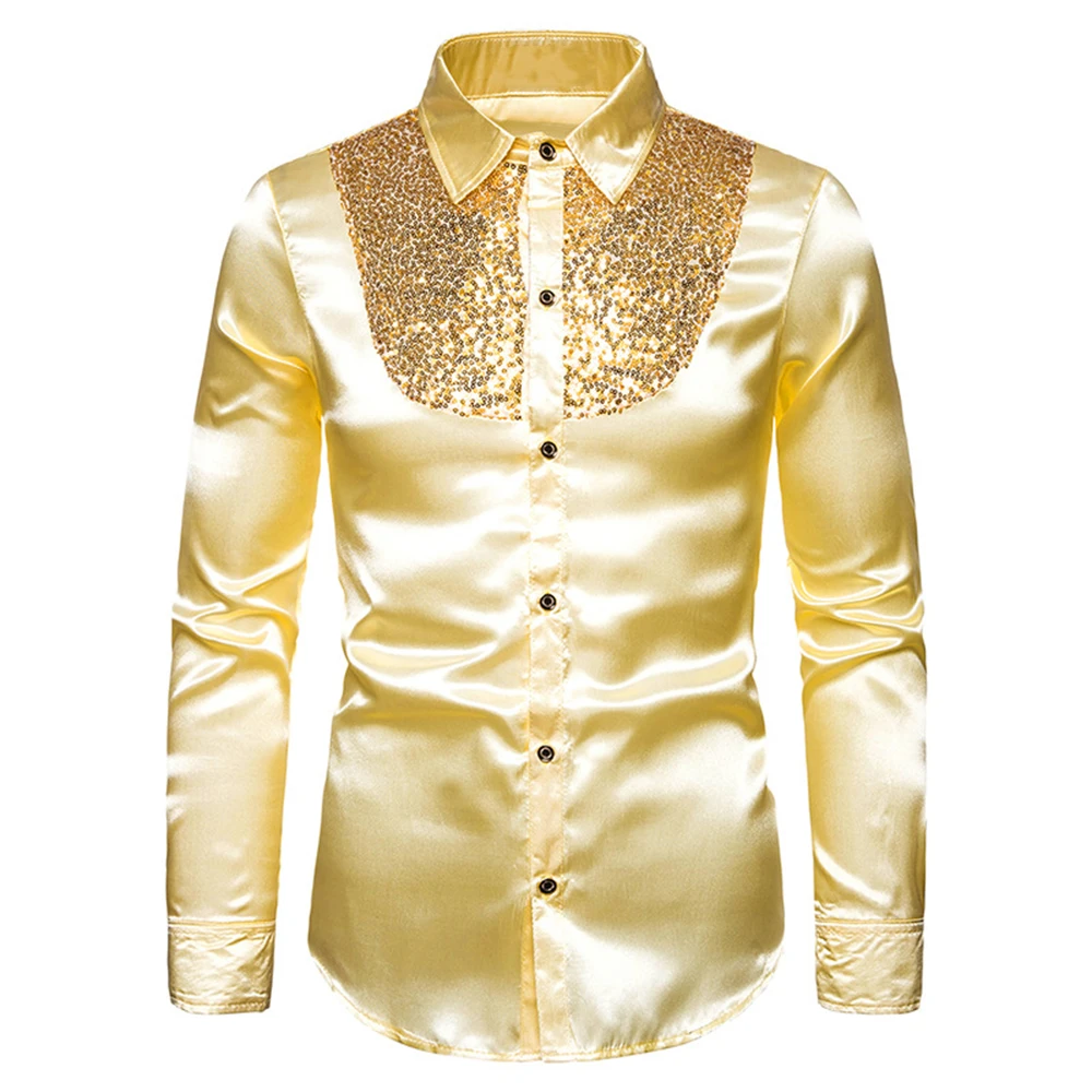 HEFLASHOR, шелковая атласная рубашка с блестками, мужские рубашки для свадьбы, жениха, одноцветные мужские рубашки для ночного клуба, диско, танцев, выпускного, костюм, сорочка для мужчин - Цвет: Gold