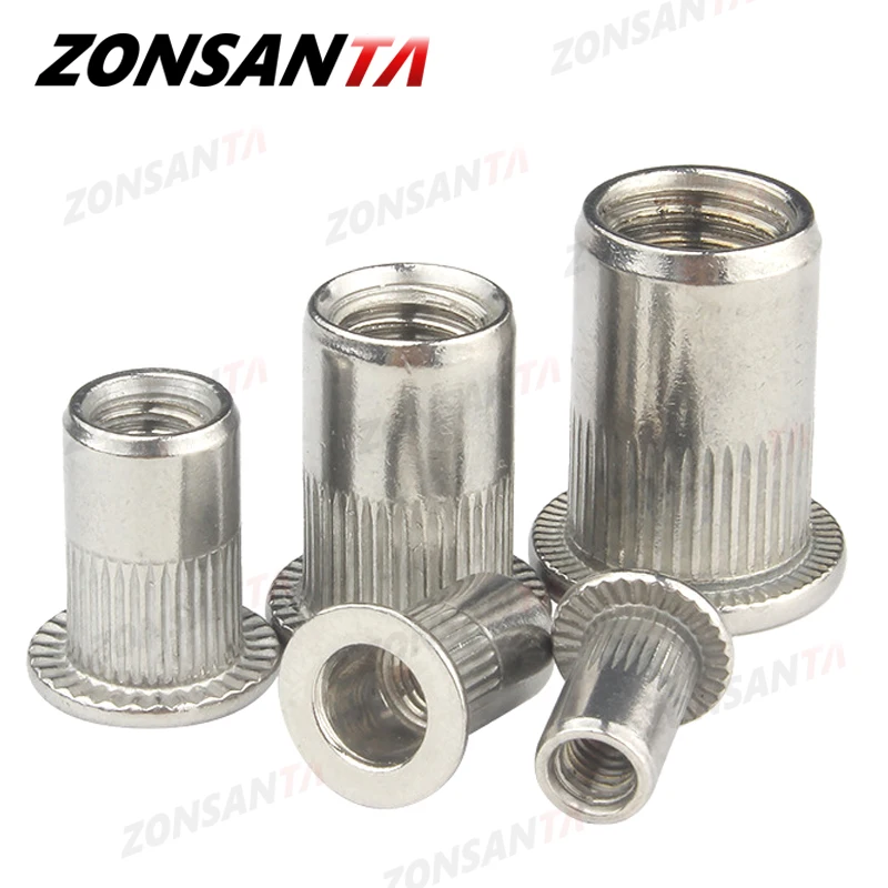 ZONSANTA 리벳 너트 304, 스테인리스 스틸 M4 M5 M6 M8 M10 리벳 너트, 플랫 헤드 스레드 리벳 인서트 너트서트 캡, 천공 리벳 너트