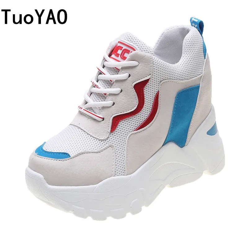 

New 2019 Fashion Women Platform High Heels Mesh Breathable Wedge Casual Shoe 9CM Autumn Thick Sole Sneakers Woman Outdoor Shoes