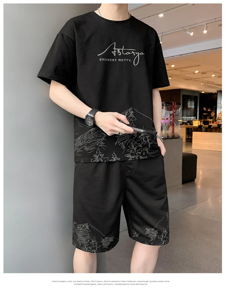 2022 new printed men's T-shirt hip-hop short-sleeved O-neck summer Japanese men's casual T-shirt fashion shorts suit mens sweatsuits sets