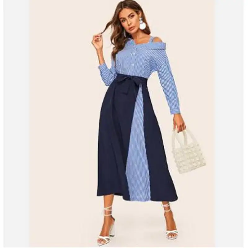 

Long Sleeve Women Dress Shirts Striped Patchwork Woman Vestido Blue Fashion Dress