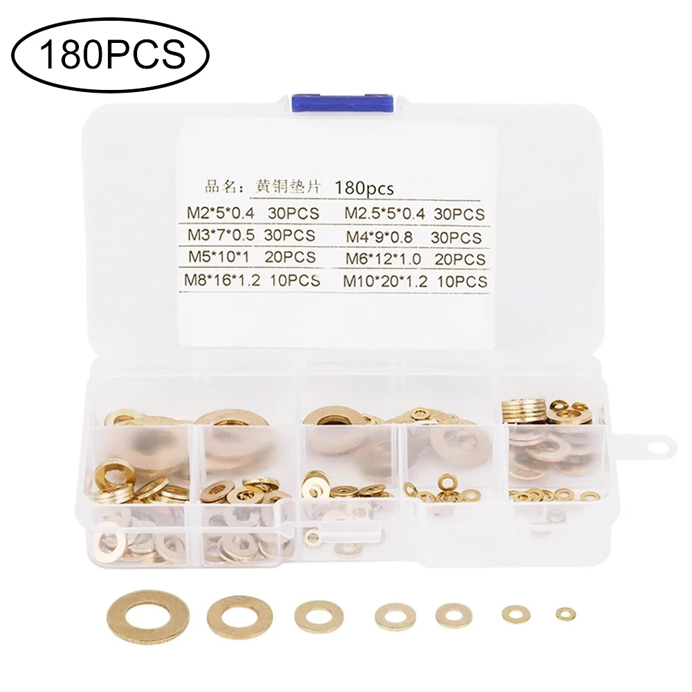 180Pcs/Box Solid Brass Copper Gasket Metal Retaining Ring Set M2-M10 Screw Bolt Flat Washer Plain Pad High Quality | Обустройство
