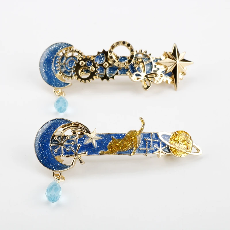 Заколки для волос Blue Galaxy Planet Moon Star Gears, милая заколка с котенком, заколка для волос, женские модные Романтические заколки с драгоценными камнями, аксессуары для волос