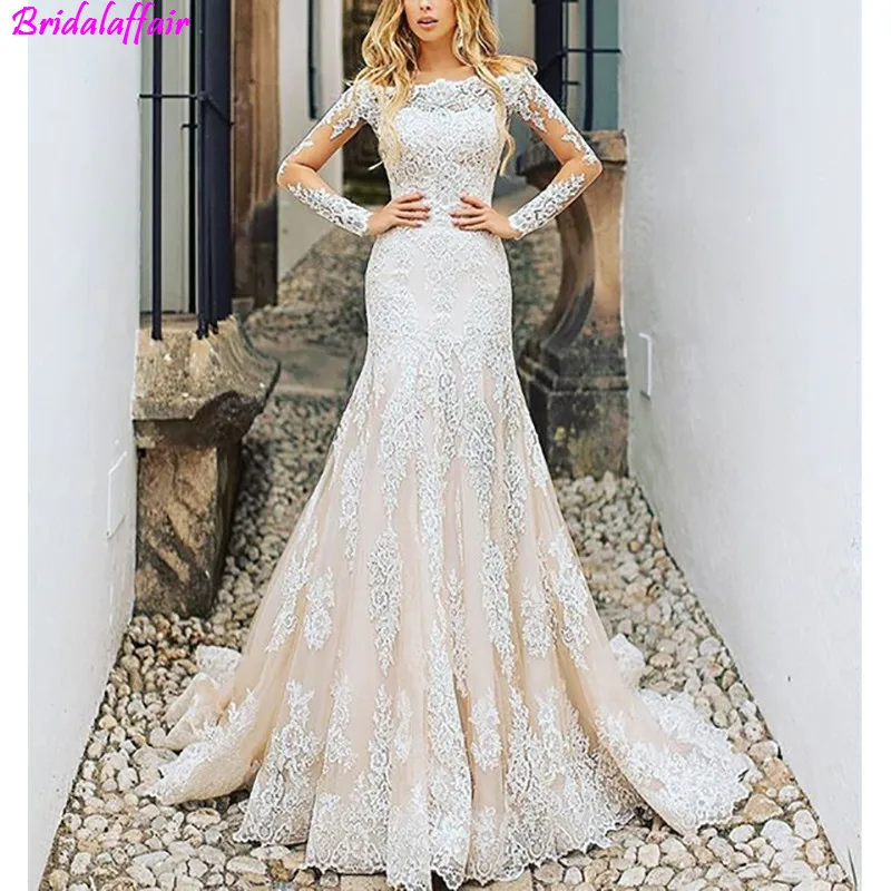 Trajes de novia/кружевное платье с длинными рукавами, большие размеры, свадебное платье, кружевные тюлевые Свадебные платья с аппликацией, свадебное платье