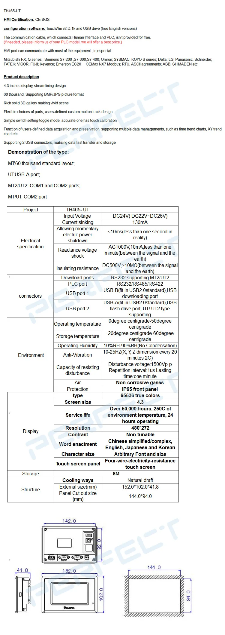 XINJE TouchWin TH465-UT HMI Touch Screen 4.3 inch Resolution 480*272 new Human Machine Interface