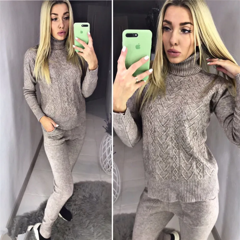 Модный осенне-зимний женский костюм из двух частей, вязаный свитер с воротником-стойкой, топы+ штаны, костюмы, комплект одежды, настоящая фотография