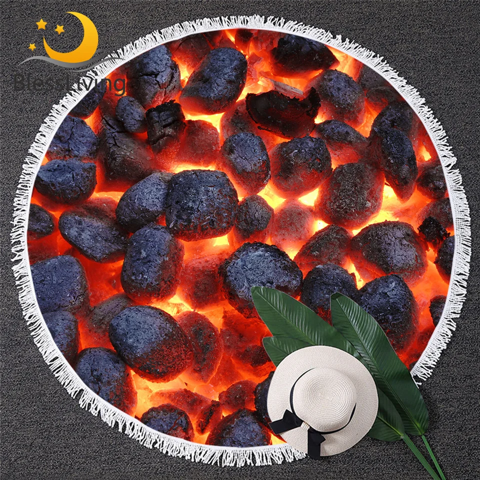 

BlessLiving 3D Print Beach Towel Burning Briquettes Round Towel Flame Fire Summer Blanket Red Black Coal Warm Towels Bathroom