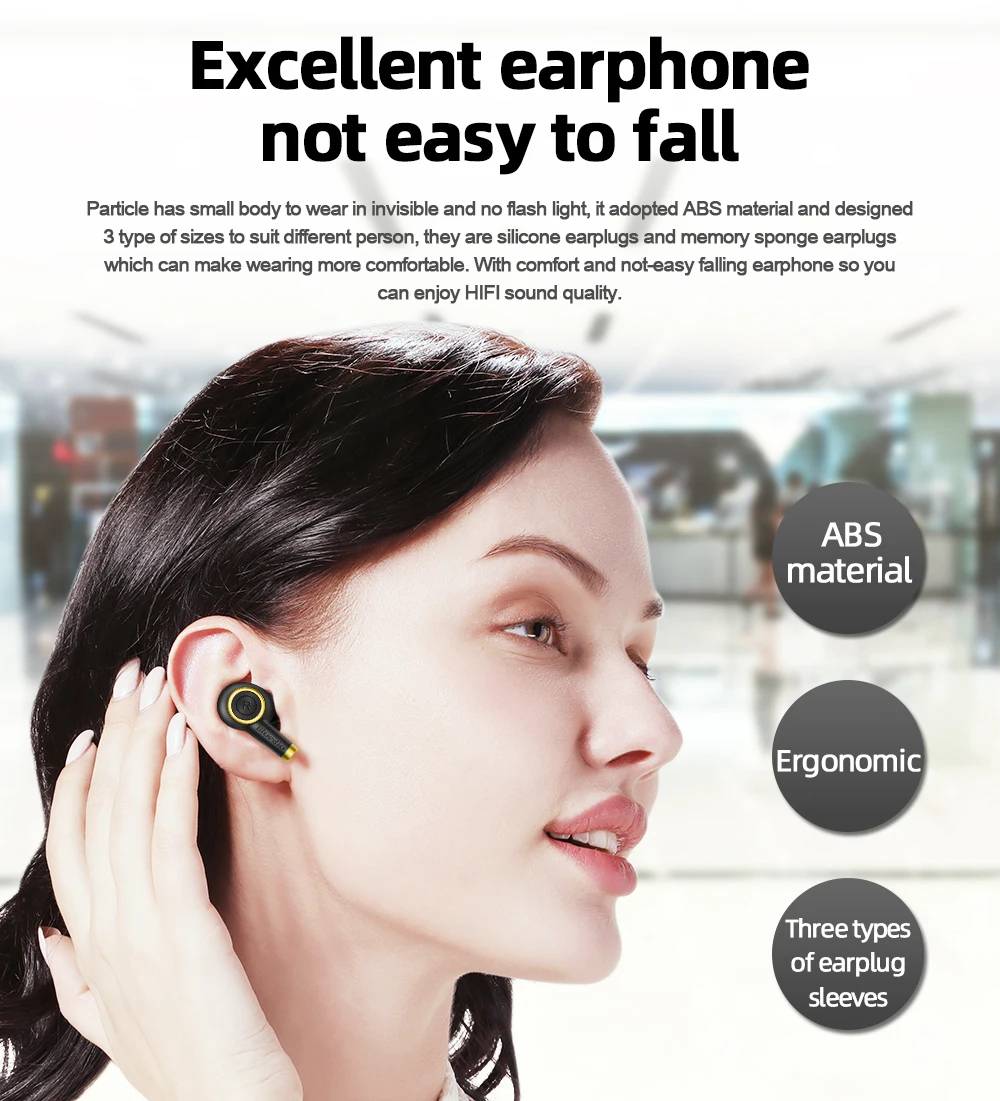 Bluedio Particle Bluetooth Headphones TWS Wireless Earbuds Waterproof Sports In-ear Headphones with Charging Case Support In-ear Detection - Black