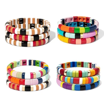 

KELITCH Rainbow Bracelet Colorful Enamel Beaded Bracelet with Elastic String Tile Enamel Bracelet Cuff Bangles for Women Gift