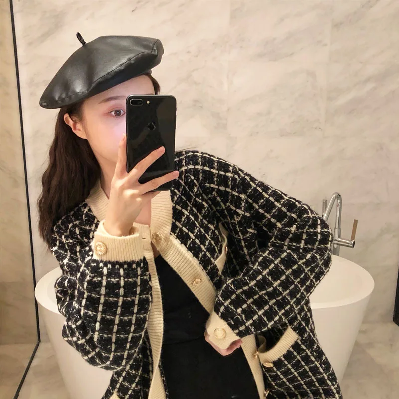 Ранняя осень, изящный розовый вязаный кардиган, женский, нежный, в клетку, контрастный цвет, длинный рукав, свободный крой, пальто, женское платье Fa