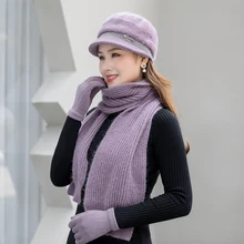 Three Pieces Set Women's Outdoor Thick Beanies Scarves Winter Sets Russian Hat New