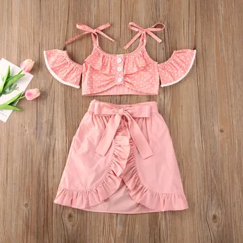 

Baby Girls 3pcs Outfits Off shoulder Toddler Crop Tops Kids Polka Dots Bandage Ruffle Skirts Shorts Children Summer Set