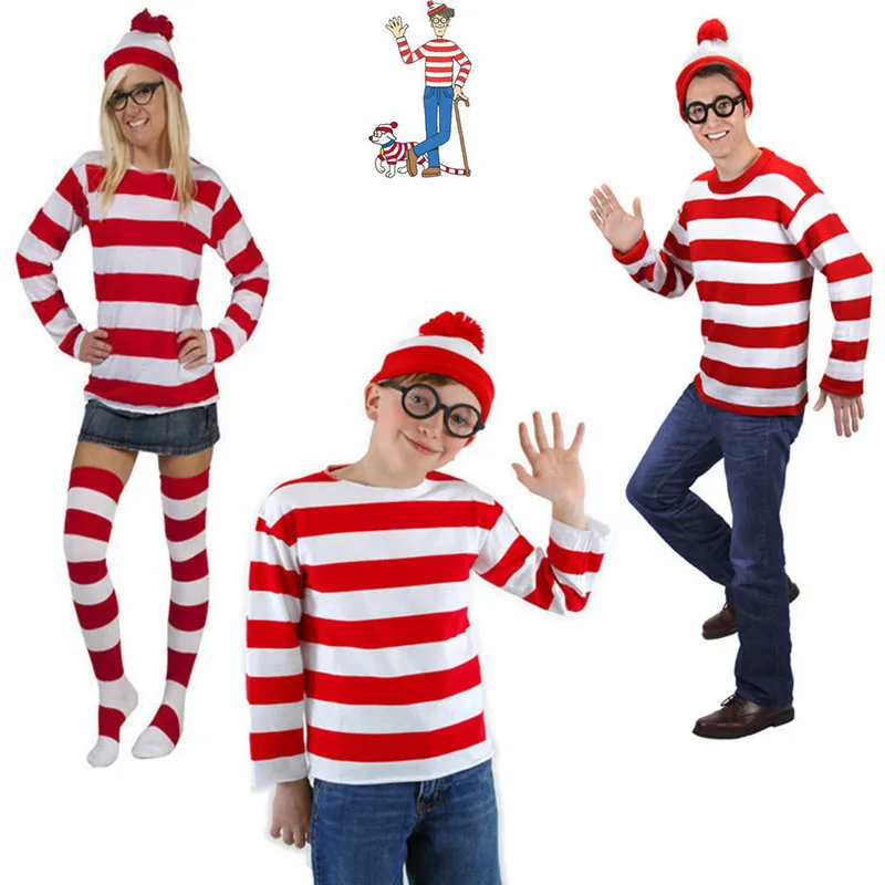 

Christmas Party Cosplay Cartoon Where is Wally Waldo For Adult Women Men Kids Cosplay Costume Red Stripe Shirt +Hat +Glasses