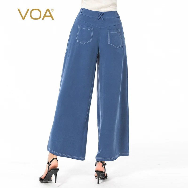 VOA Silk 30m/m Blue Trousers Fashion Street Women Pants KE3 Bright Line Decoration Loose Nine-Point Wide-leg Pant Spring 2021