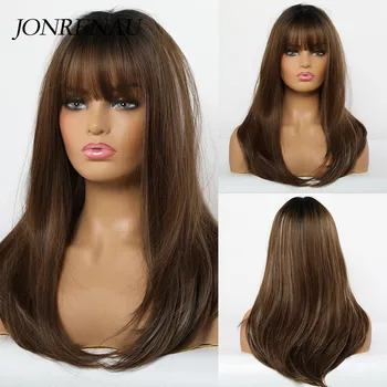 

Jonrenau Synthetic Wigs for Black Women Afro Long Straight Ombre Black Brown Ash Blonde wig with Bangs Cosplay Layered wig