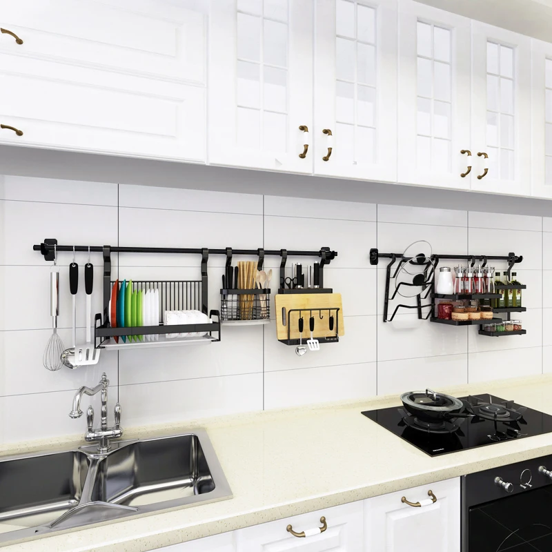 Stainless Steel Black Kitchen Rack Wall-Mounted Storage Rack Wall-Mounted Hardware Pendant Hanging Rod Knife Holder