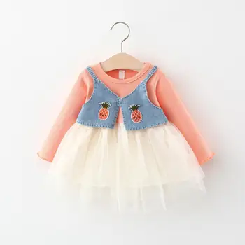 

Autumn Baby Girls Long Sleeve Denim Jeans Strawberry Patchwork Mesh Ball Gown Tutu Dress Princess Party Kids Dresses vestidos