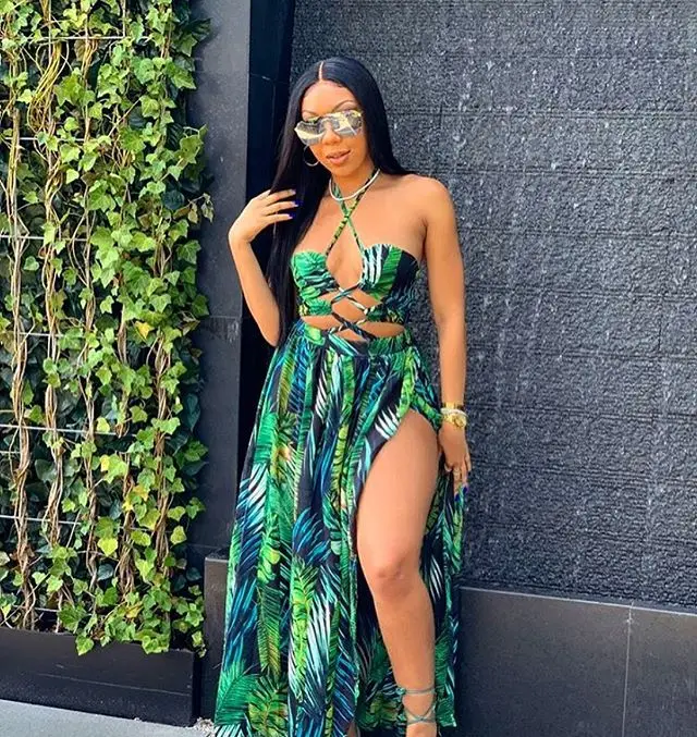 Stigende Women Bohemian Palm Leaf Maxi Dress Sexy High Split Backless Halter Dress Casual Sleeveless Bandage Green Long Dress