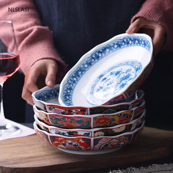 

8 inches Japanese ancient Imari style ceramic tableware Japanese ukiyoe pattern lotus plate living room decoration