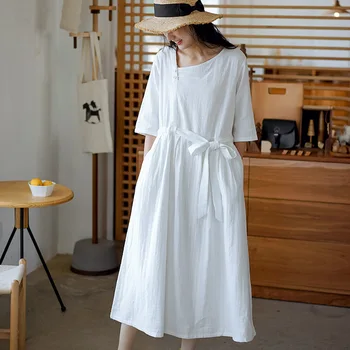 

NINI WONDERLAND Women Midi Dress 2020 Summer Mori Girl Cotton Jacquard Vintage Retro Dress Ladies Spring White Clothes Big Size