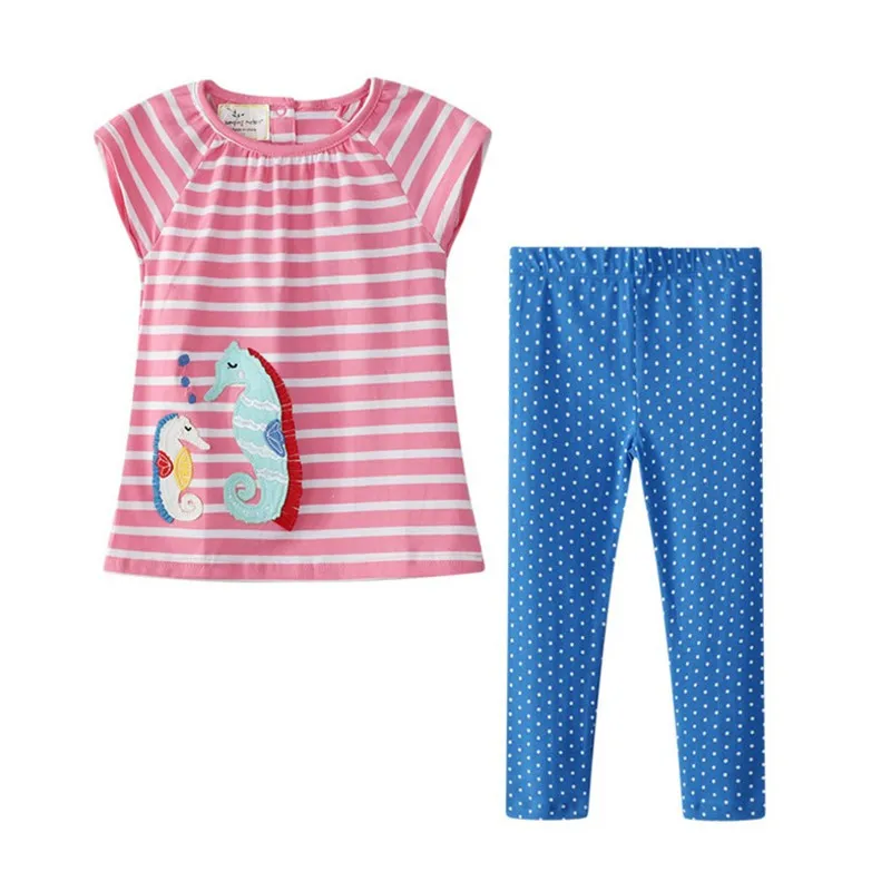 T5091 Pink Jumping/комплекты детской одежды из хлопка с аппликацией в виде динозавра; летняя одежда для девочек; Детские костюмы из 2 предметов для девочек; модная детская одежда - Цвет: T5091 Pink