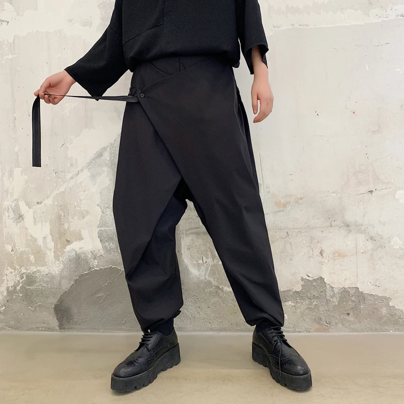 Мужской японский уличная хип хоп панк готический шаровары мужские Ленточные Свободные повседневные черные брюки