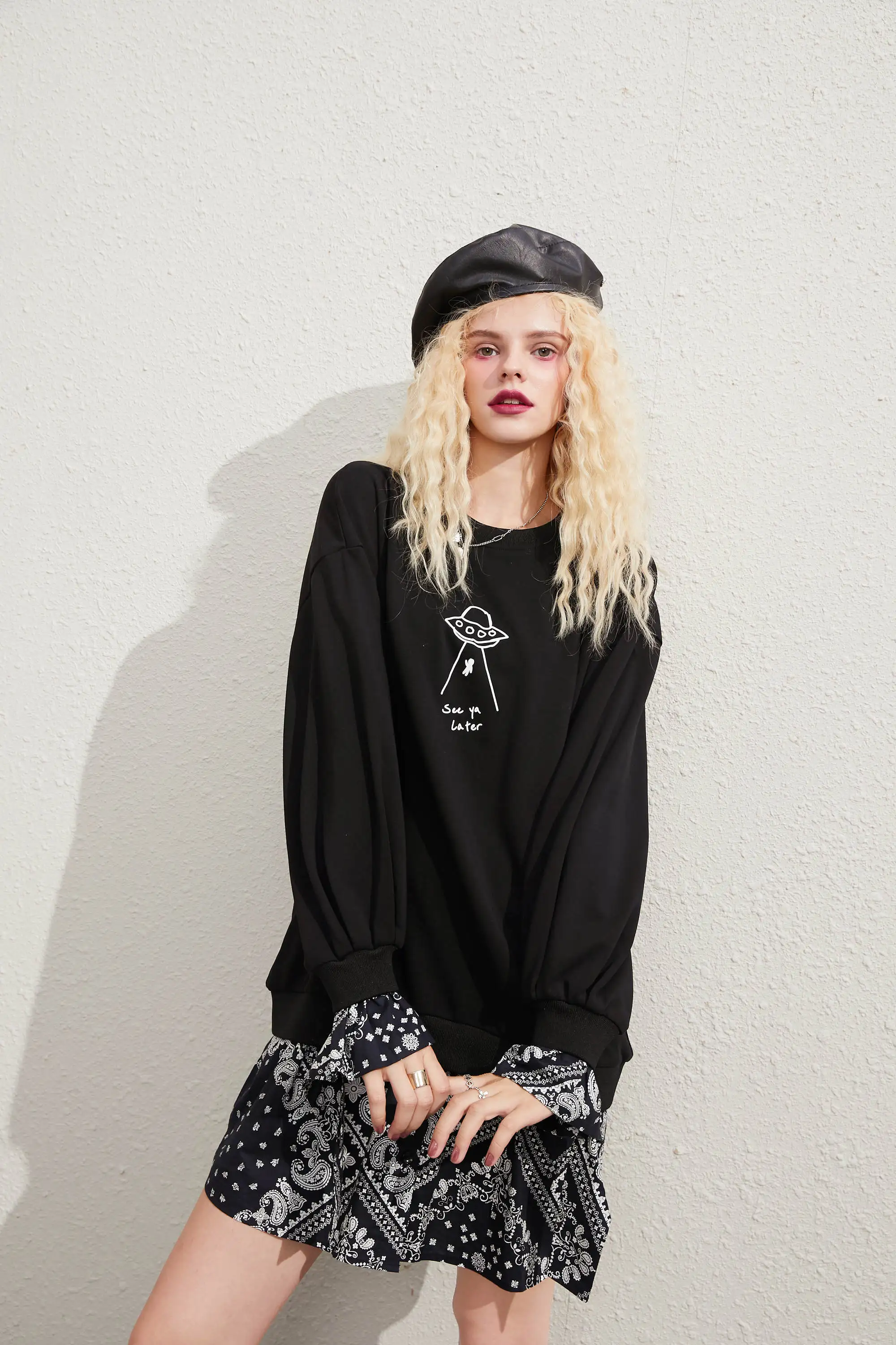 ELFSACK Black Graphic Print Casual Mini Dress Women,2020 Autumn ELF Vintage Full Sleeve Patchwork ,Korean Ladies Daily Dresses