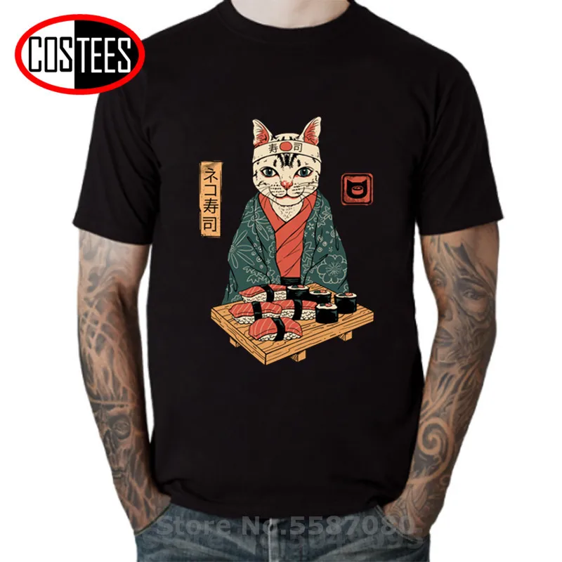 Naughty Cute Cat Samurai японская футболка для мужчин с милым рисунком суши кота шеф-повара