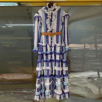 

HIGH STREET Newest 2020 Designer Runway Dress Women's Long Sleeve Color Block Dot Print Ruffle Long Dress