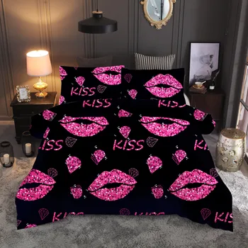 

3D Print Cotton Satin Double Duvet Cover Big Red Lips Bedding Set Pillow Case Bed Sheet