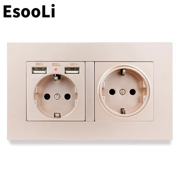 

Esooli Gold PC Plastic Panel Wall Socket EU Standard Power Outlet With Dual USB Smart Induction Charge Port For Mobile 5V 2.1A