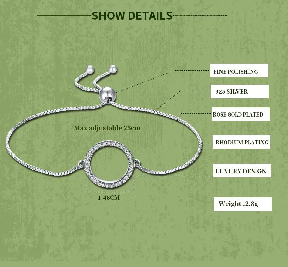 TONGZHE Luxury Brand Bracelets Round Women Men 925 Sterling Silver Tennis Crystals with Adhustable Ball Punk Friendship Jewelry