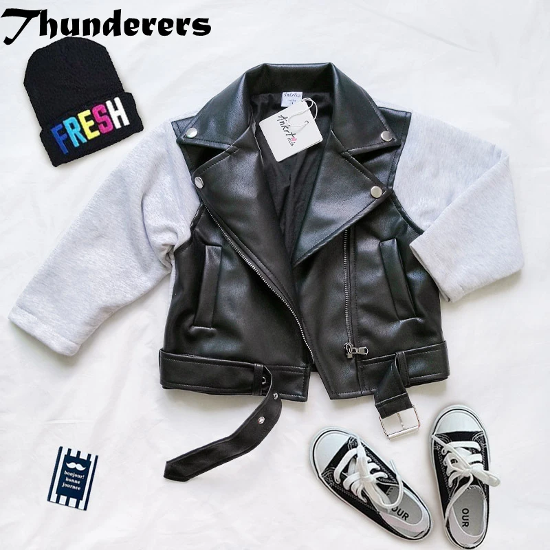 Thunderers/весенне-Осенняя детская куртка для девочек, модные детские пальто из искусственной кожи, Зимняя Повседневная Верхняя одежда для девочек и мальчиков, 24 мес.-6 лет