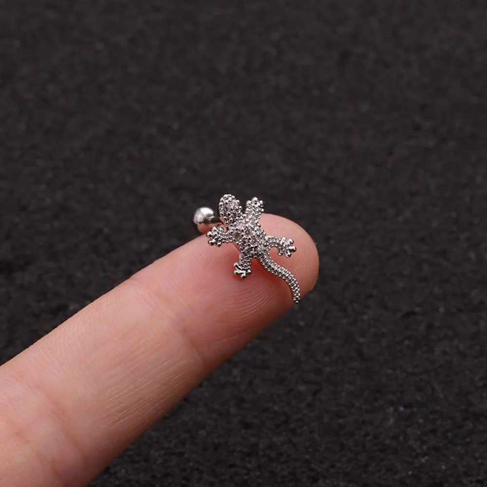 silver Personality Creative Animal Gecko Cartilage Earrings Stainless Steel Lizard Reptile Thread Stud Earrings Fashion Jewelry - Окраска металла: silver
