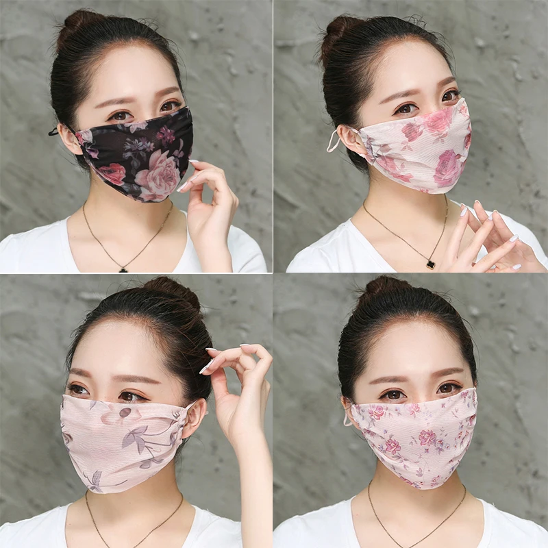 1Pcs Chiffon Floral Printed Masks For Women Summer Breathable Sunscreen Mouth Face Covers Elegant Thin Mouth-muffle Wholesale