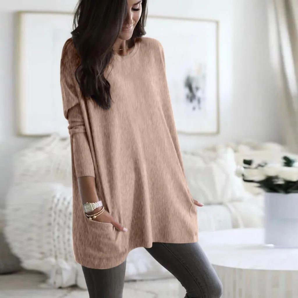Women Solid Warm Long Sleeve Sweatshirt Loose Pocket Daily Pullover Tops Plus Size Femme Tops#30