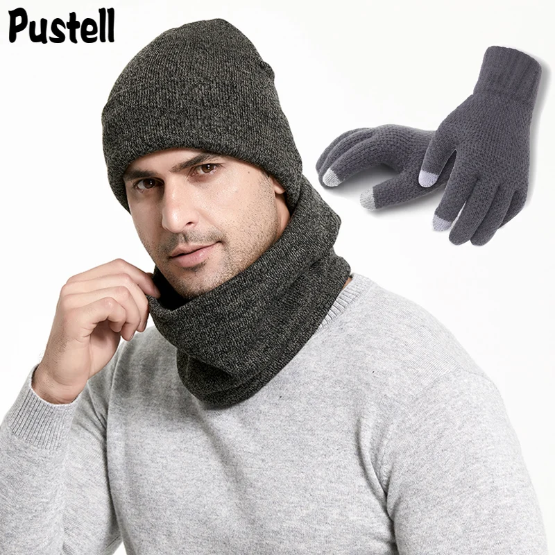 Winter Men Hats Scarves Gloves Set Fashion Knitted Plus Velvet Hat Scarf Kit Male 3 Pieces/Set Beanies Glove | Аксессуары для