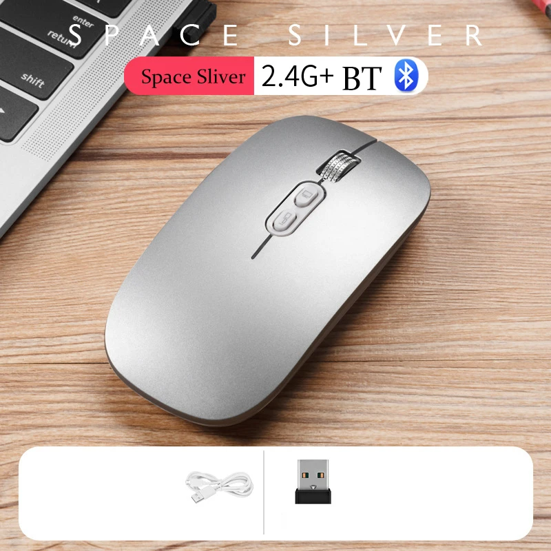 Bluetooth мышь компьютер двойной режим 2,4G Беспроводная игровая мышь оптические мыши для Macbook lenovo ASUS DELL hp ноутбук ПК компьютер - Цвет: Sliver with BT