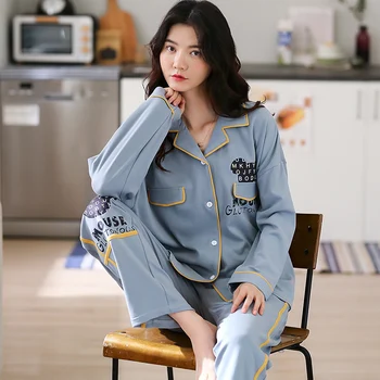 

BZEL Spring Autumn Winter Sleepwear Sets Women's Pajamas Cotton Home Wear For Femme Plus Size Pink Nighty Fashion Slaid Pijamas