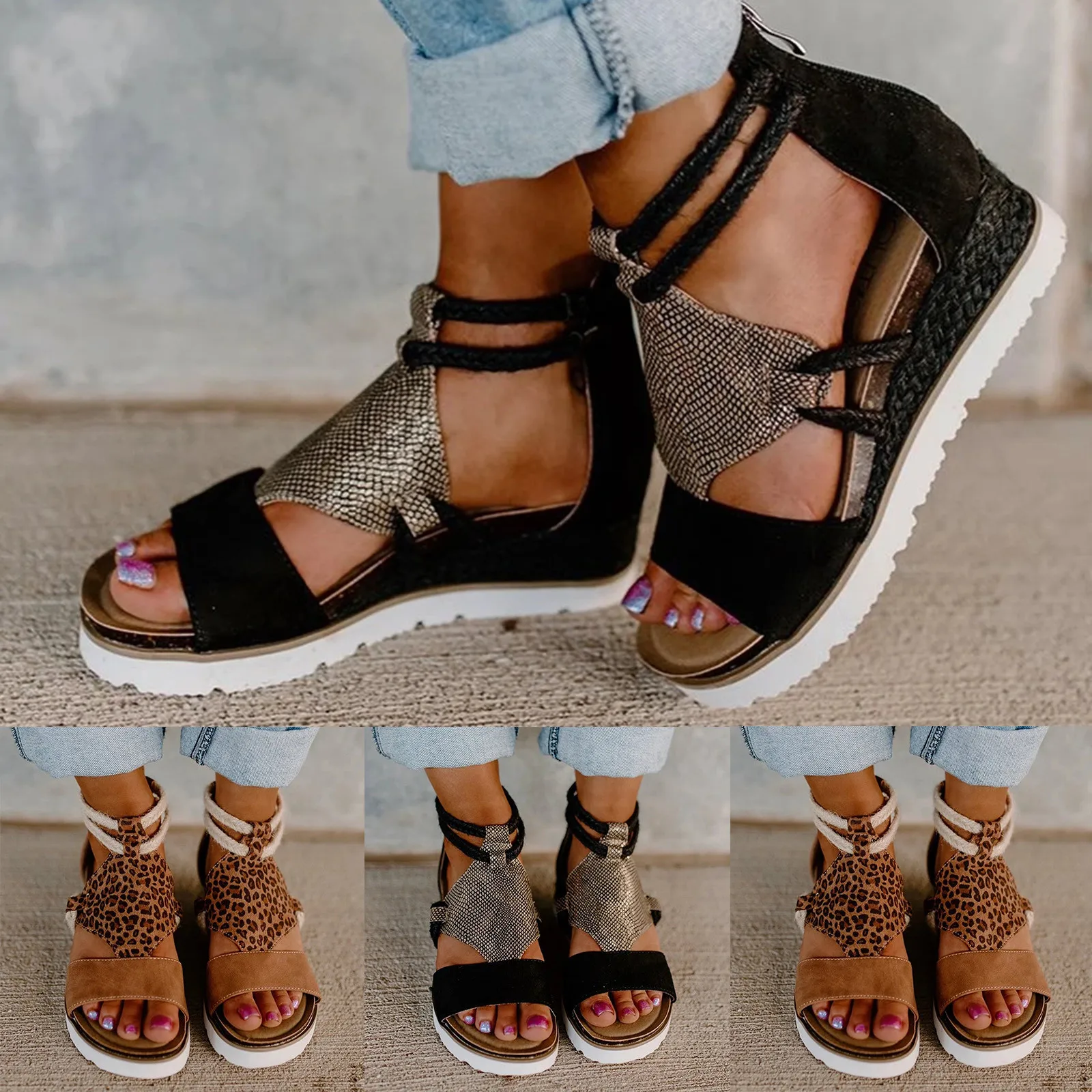 Sandalias de Punta abierta para mujer, zapatos informales a la moda, Tacón de Cuña, Boca de pescado, Comercio Exterior, estilo romano, de talla grande