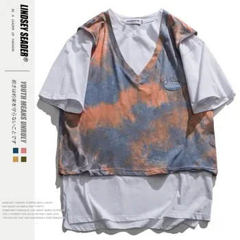 

Women Mens Fake Two Piece T Shirt Tie-dye Print Retro 2020 New T-Shirt Streetwear Harajuku Street Tshirt Summer Tee Top