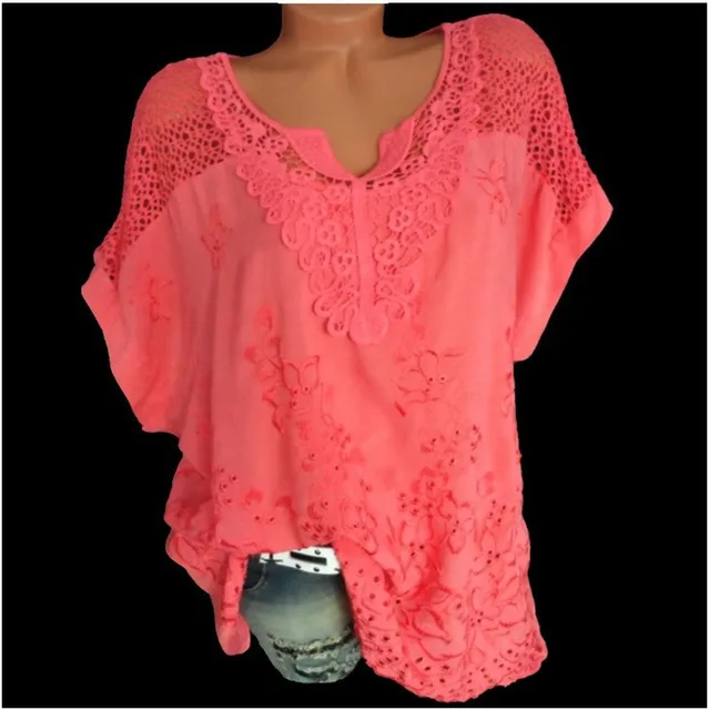 Large Size Loose Short-Sleeved Lace Women Blouses Cotton Blouses 2021 Summer Shirt Tops Sexy Fashion Women Shirt Red