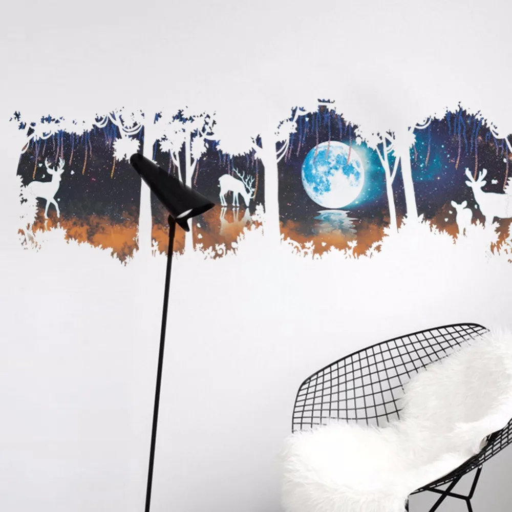 3D стерео эффект лес белый олень Луна самоклеющиеся наклейки на стену гостиная диван фон декоративные наклейки на стену
