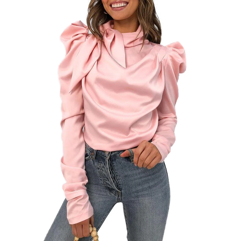 

Elegant Puff Sleeve Shirts Blouses Bowknot Turtleneck Blouse Fall Long Sleeve Ladies Top Casual Solid Colour ropa mujer Blusas
