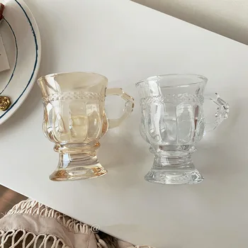 

2pcs/set 125ml Ins Amber Embossed Wine Glass Cup Distinguished Goblet Restaurant Latte Coffee Mug with Handle Vodka Tumbler