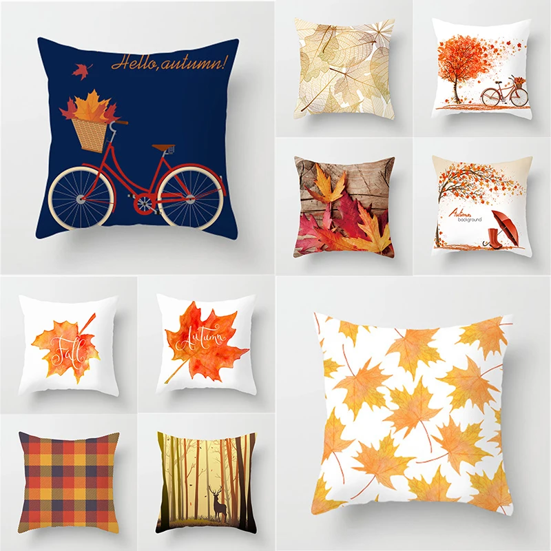 

Umbrella Gold Maple Leaves Printed Plant Cushion Cover 45x45cm Polyester Bike Autumn Throw Pillow Covers Decoration Girl Pillows