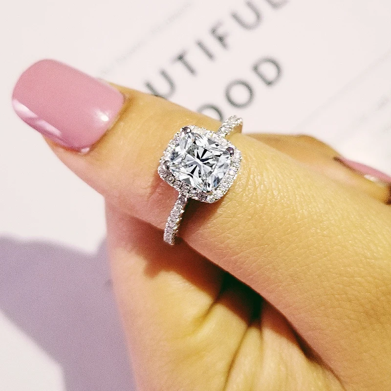 original solid real Cushion Cut Finger Ring Sets for Women Jewelry Pure Wedding Engagement Rings