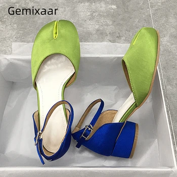 

Luxury Satin Mixed Color Patchwork Women Pumps Ankle Strap Med Round Heels Individual Split Toe Side Cut Out Shoes Woman